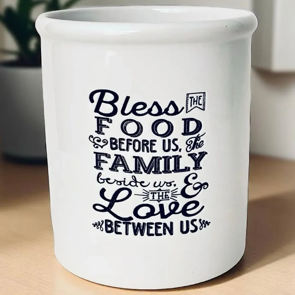 NWT Devotions Bless the Food Utensil White Ceramic Inspirational Container Jar
